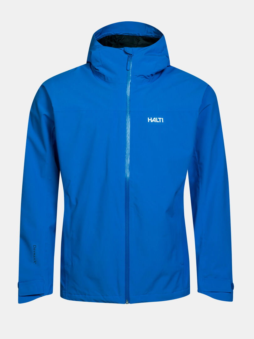 Die Halti Kaltimo DX Regenjacke für Herren in Blau mit einem Logo auf der Brust, abgebildet vor einem schlichten weißen Hintergrund.