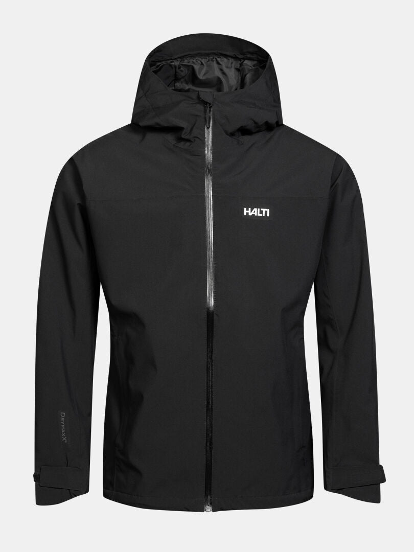 Halti Kaltimo DX Herren-Regenjacke: schwarze Kapuzenjacke mit Frontreißverschluss und verstellbaren Bündchen, Halti-Logo.