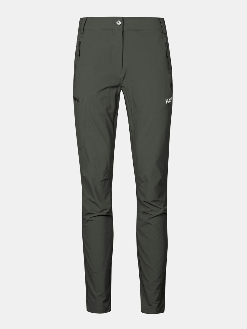 Halti Pallas X-stretch Hose Damen Plus in dunkelgrau mit Reißverschlusstaschen und weißem Logo, abgebildet auf weißem Hintergrund.