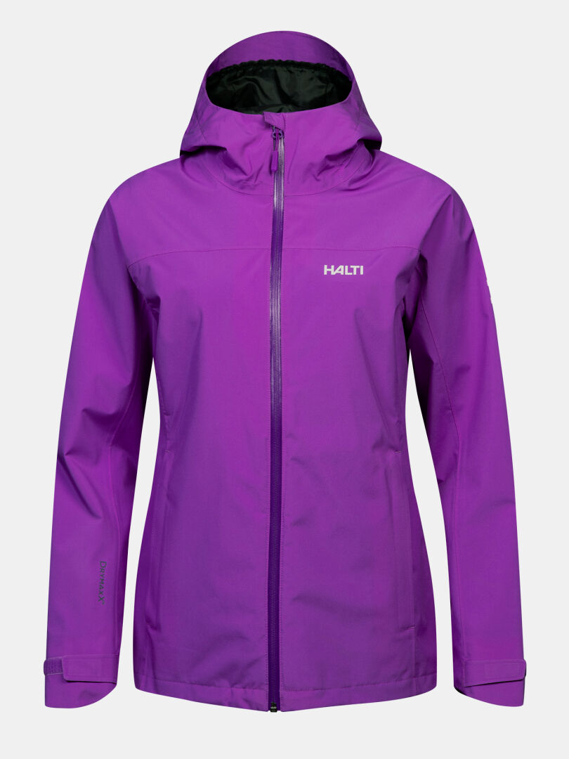 Vorderansicht einer violetten Halti Kaltimo DX Jacke Damen Plus mit Kapuze, Reißverschluss und Logo auf der Brust.
