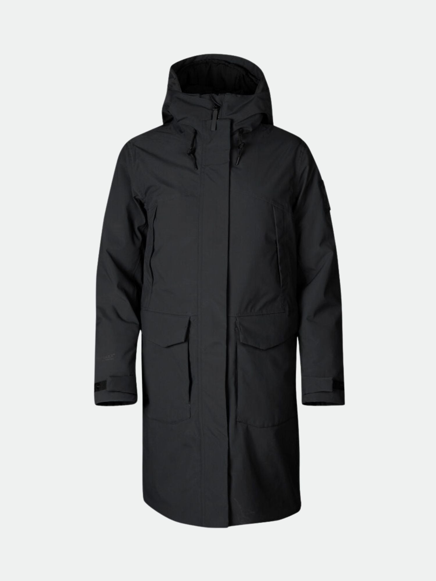 Der Halti Bergga DX Winter Parka Damen, schwarz mit Pattentaschen und verstellbaren Ärmelbündchen, abgebildet auf hellem Grund.