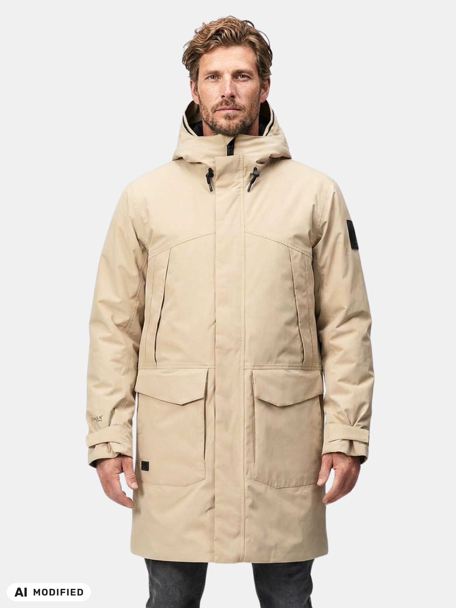 Ein Mann trägt einen beigen Halti Bergga DX Winterparka für Herren und steht vor einem einfarbigen hellgrauen Hintergrund.