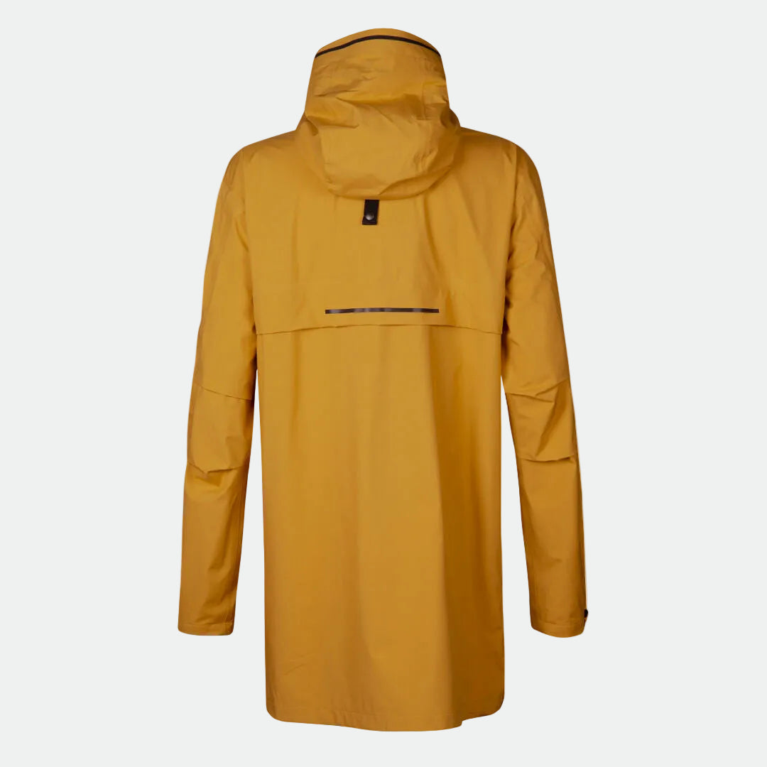 Eine gelbe Halti Kurvi Herren DrymaxX 3L Parka-Jacke ist von hinten zu sehen und bietet urbanen Wetterschutz auf weißem Hintergrund.