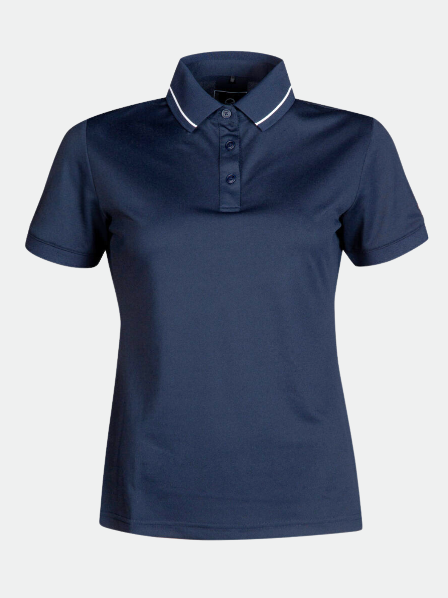 Das Halti Laine Technisches Poloshirt Damen ist marineblau mit kurzen Ärmeln, einem Kragen und weißem Saum auf hellem Grund.
