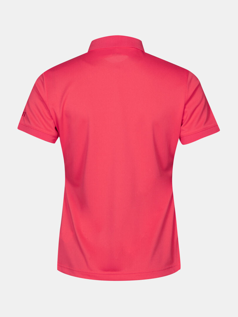 Rückenansicht von Halti Laine Technisches Poloshirt Damen in leuchtendem Pink, aus atmungsaktivem Material.