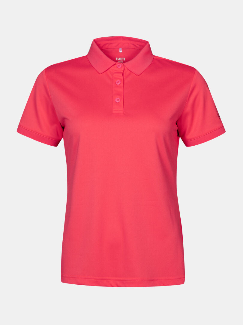 Das Halti Laine Technisches Poloshirt Damen ist kurzärmelig, atmungsaktiv und in Pink mit Kragen und drei Knöpfen.