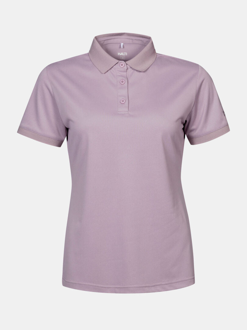Halti Laine Technisches Poloshirt Damen in Helllila mit Kragen und 3 Knöpfen, aus atmungsaktivem Material.