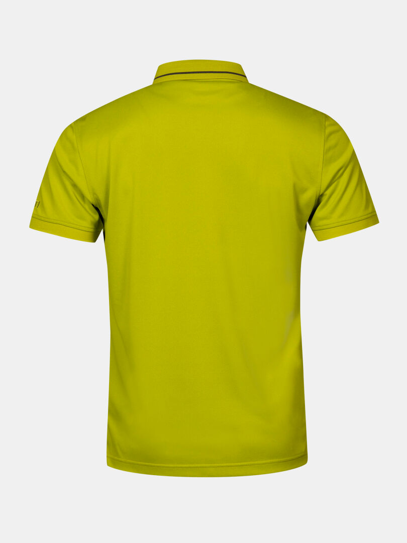 Rückenansicht des Halti Laine Technisches Poloshirt Herren in leuchtendem Gelb-Grün auf weißem Grund.