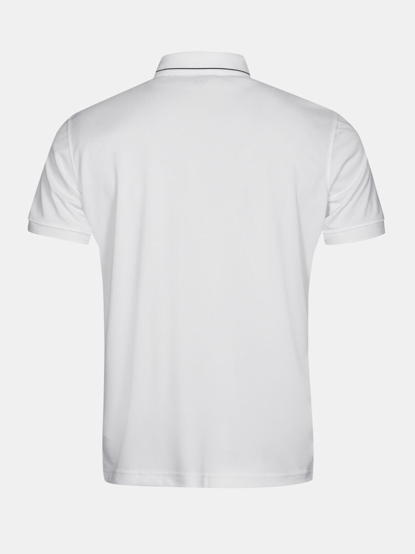 Rückenansicht von Halti Laine Technisches Poloshirt Herren, weiß, kurzärmelig, auf hellgrauem Hintergrund.