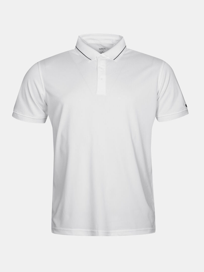 Halti Laine Technisches Poloshirt Herren, weiß mit Kragen und drei Knöpfen, auf einfarbigem hellem Grund.
