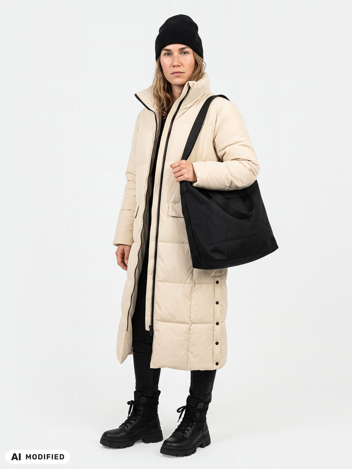 Eine Frau trägt eine beigefarbene Halti Penger Winterjacke für Damen, eine schwarze Mütze und schwarze Stiefel und hat eine schwarze Tragetasche dabei.