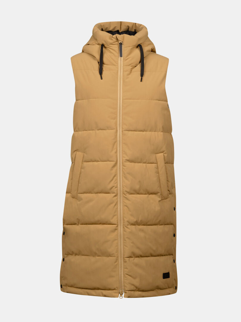 Halti Penger Puffer Weste Damen: hellbraune, ärmellose Weste mit Kapuze, DrymaxX Lite Reißverschluss, Seitentaschen und Druckknöpfen.