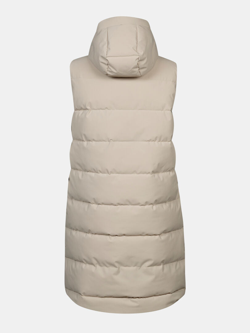 Halti Penger Pufferweste für Damen: Beige, ärmellos, mit Kapuze – winddicht und ideal für Frauen.