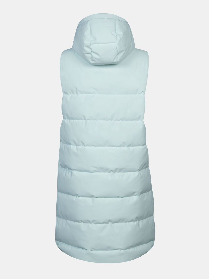 Hellblaue Halti Penger Puffer-Weste für Damen, ärmellos mit Kapuze, von hinten auf einem schlichten weißen Hintergrund abgebildet.