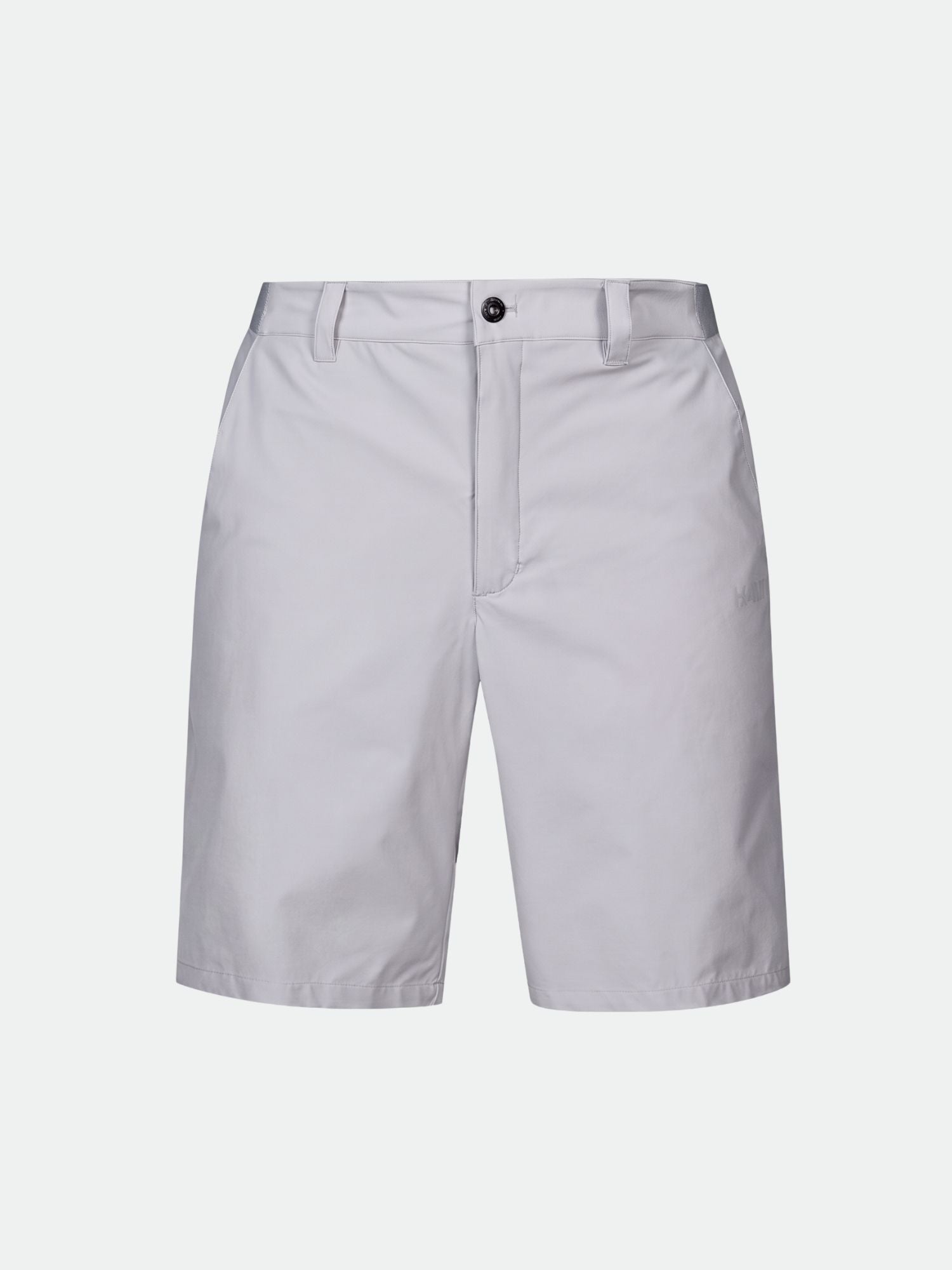 Halti Drive Stretch Shorts für Herren in Hellgrau mit Knopfverschluss und Gürtelschlaufen, abgebildet auf weißem Hintergrund.