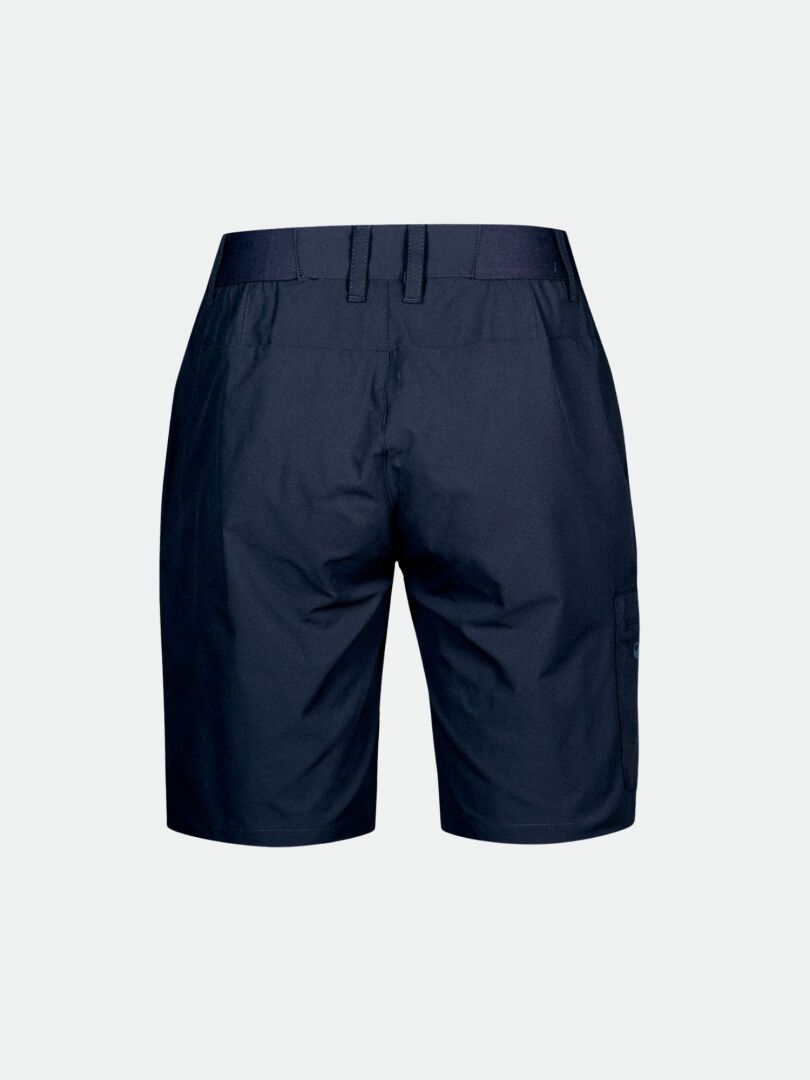 Halti Drive X-stretch Plus Damen Shorts in navy blau, knielang mit Gürtelschlaufen, von hinten auf hellem Grund.