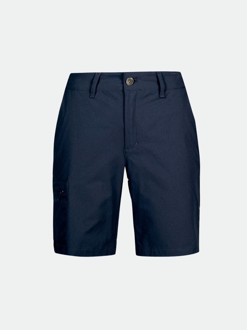 Halti Drive X-stretch Shorts Damen Plus in navyblau mit Knopfleiste, Reißverschluss, Gürtelschlaufen und Seitentasche am linken Bein.