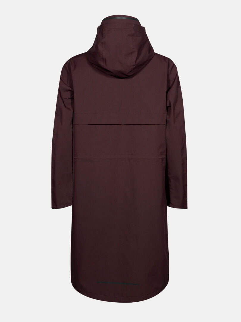 Die Halti Tokoi II DX Parkajacke Damen, lang und dunkelbraun, wird von hinten vor einem weißen Hintergrund gezeigt.