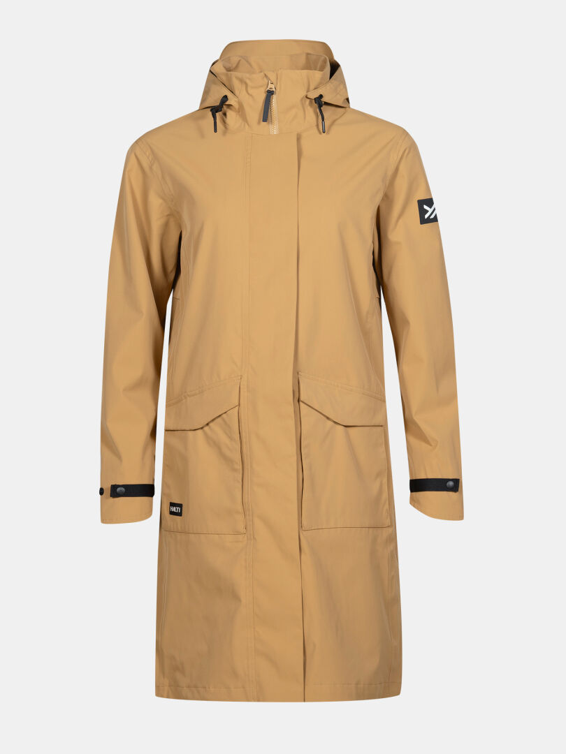 Halti Tokoi II DX Parkajacke für Damen: Langer, hellbrauner, wasserdichter Parka mit Kapuze, Reißverschluss vorne, Taschen und schwarzen Knöpfen an den Ärmeln.