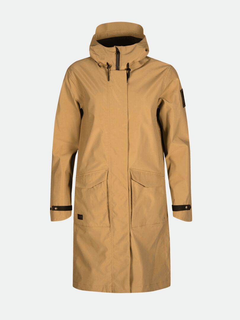 Halti Tokoi II DX Parkajacke Damen: Beige, wasserdicht, recyceltes Polyester, große Taschen, verstellbare Ärmelbündchen.