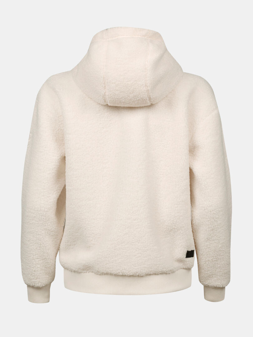 Rückenansicht der Halti Lykky Fleece Jacke Damen mit Rippbündchen an Ärmeln und Saum, dargestellt vor einem einfarbigen Hintergrund.