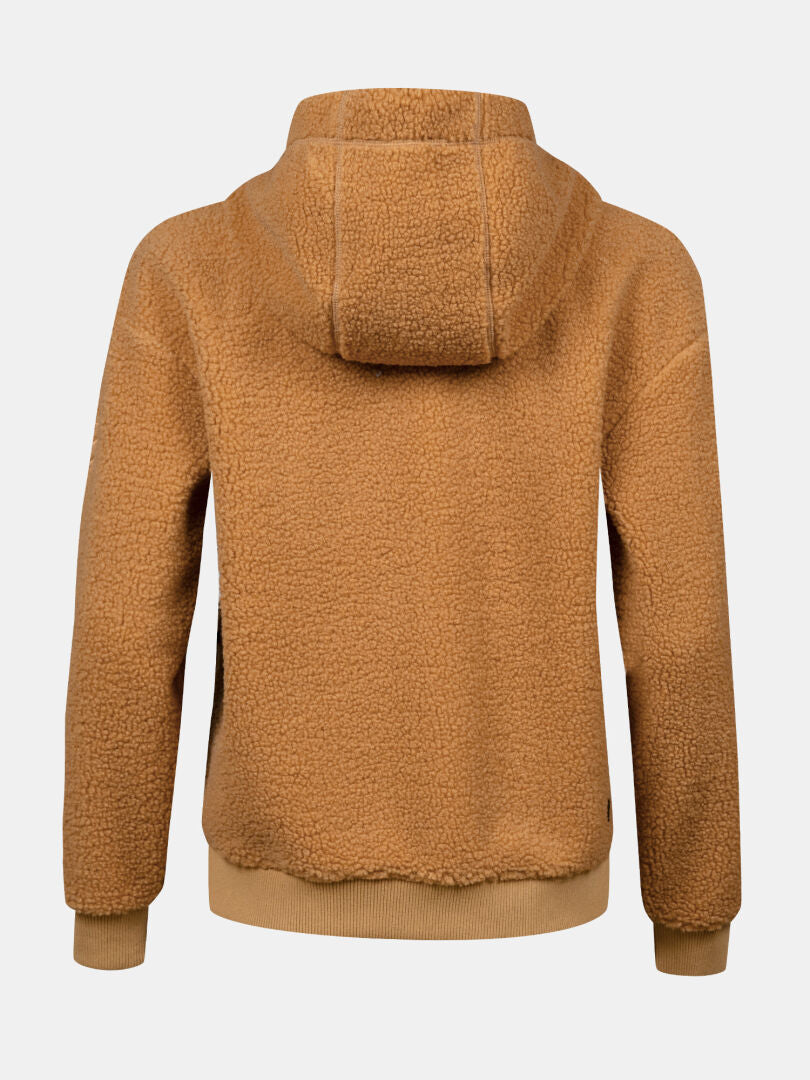 Braune Lykky Fleece Jacke Damen von Halti mit Kapuze aus recyceltem Polyester, Rückansicht auf weißem Hintergrund.