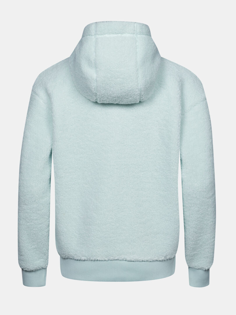 Halti Lykky Fleecejacke für Damen in Hellblau, von hinten gesehen, mit Kapuze, gerippten Ärmelbündchen und geripptem Saum.