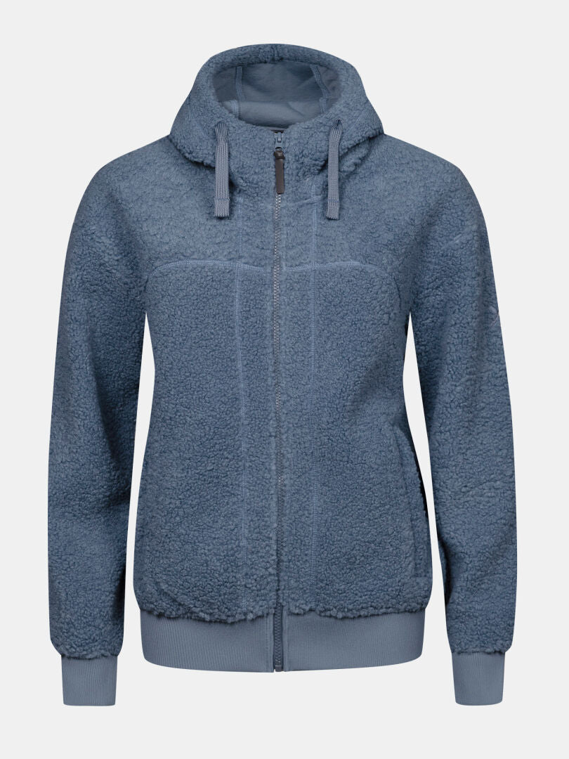 Halti Lykky Fleecejacke für Damen, blau, mit Kapuze und Rippbündchen, langärmelig, präsentiert vor neutralem Hintergrund.