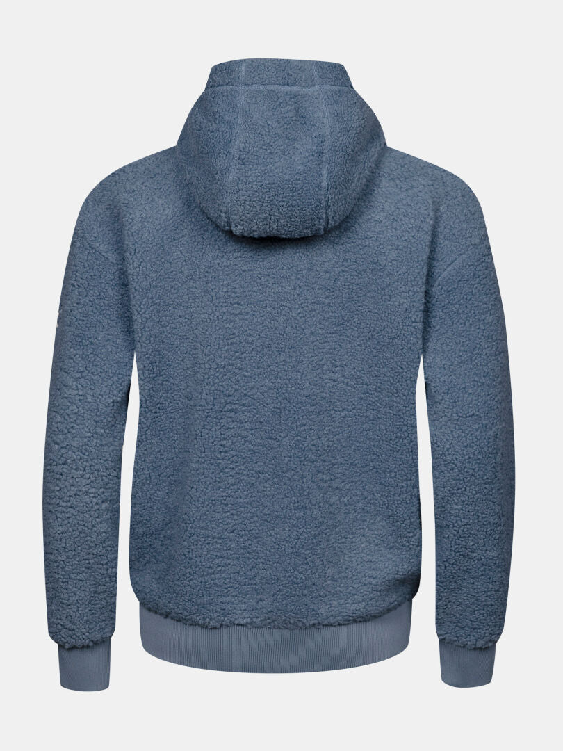 Die Halti Lykky Fleecejacke für Damen in Blau ist von hinten auf einem einfarbigen Hintergrund abgebildet, mit gerippten Ärmelbündchen und Saum.