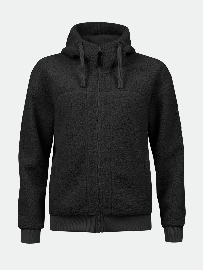 Halti Lykky Fleecejacke für Damen in Schwarz mit Kapuze, Kordeln, Taschen und gerippten Bündchen vor weißem Hintergrund.