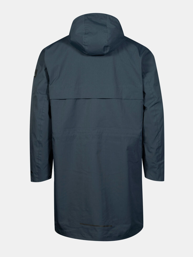 Die Halti Tokoi II DX Parka Jacke Herren in dunkelgrauem, recyceltem Material, von hinten auf einem unifarbenen Hintergrund dargestellt.