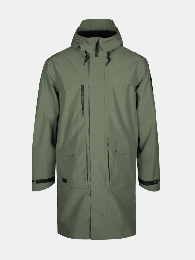 Die Halti Tokoi II DX Parka Jacke Herren ist olivgrün, wasserabweisend, mit schwarzem Besatz und Fronttaschen, hergestellt aus recyceltem Material.