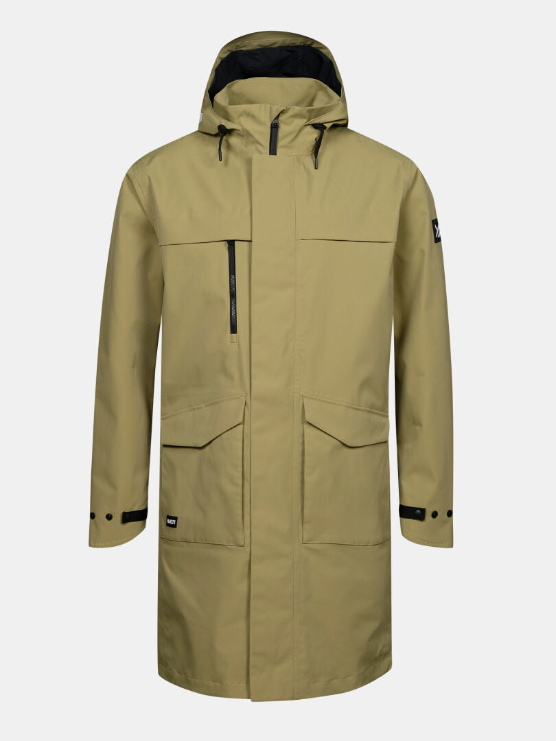 Halti Tokoi II DX Parka-Jacke für Herren: khaki, wasserdicht, Kapuze, schwarze Reißverschlüsse, große Vordertaschen.