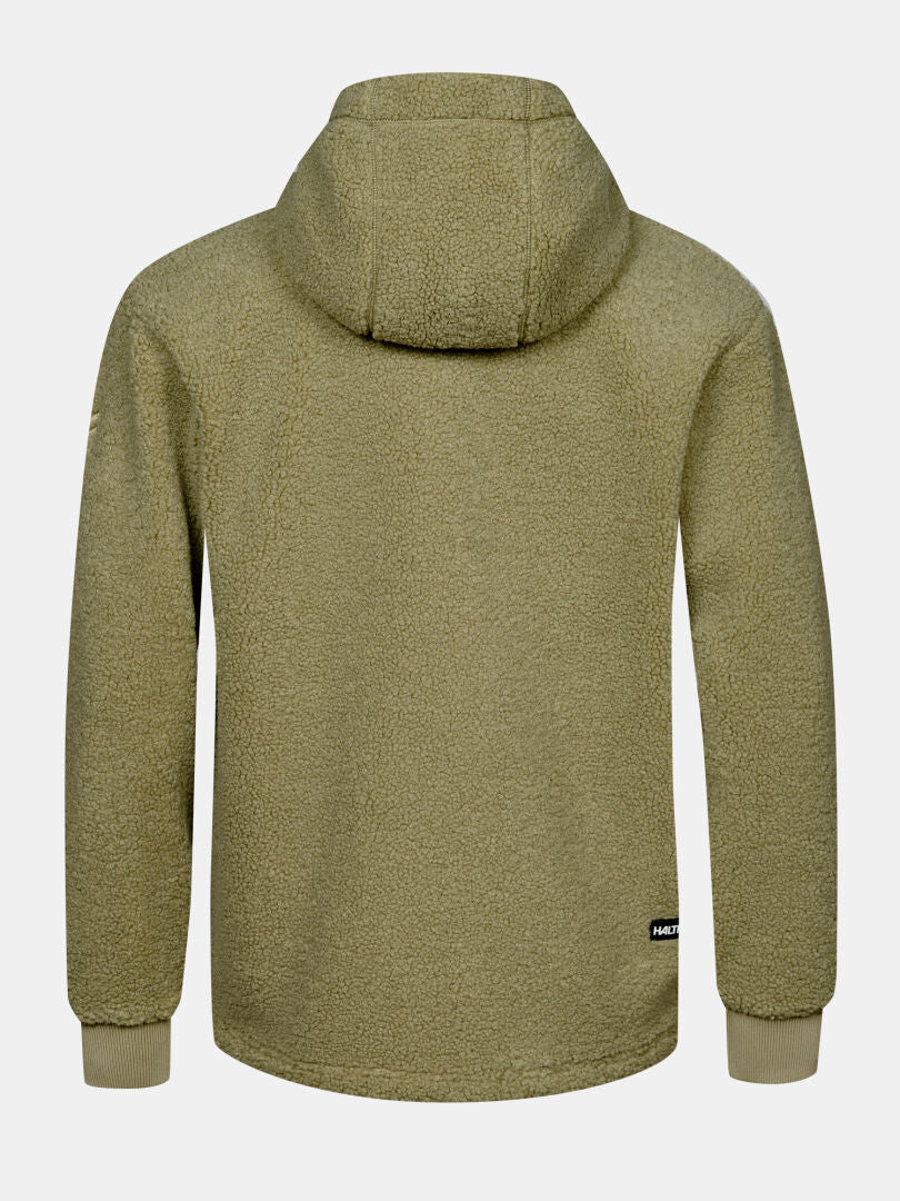 Rückansicht der Halti Lykky Fleecejacke für Herren in Olivgrün, mit gerippten Ärmelbündchen und einem kleinen schwarzen Etikett nahe dem Saum.