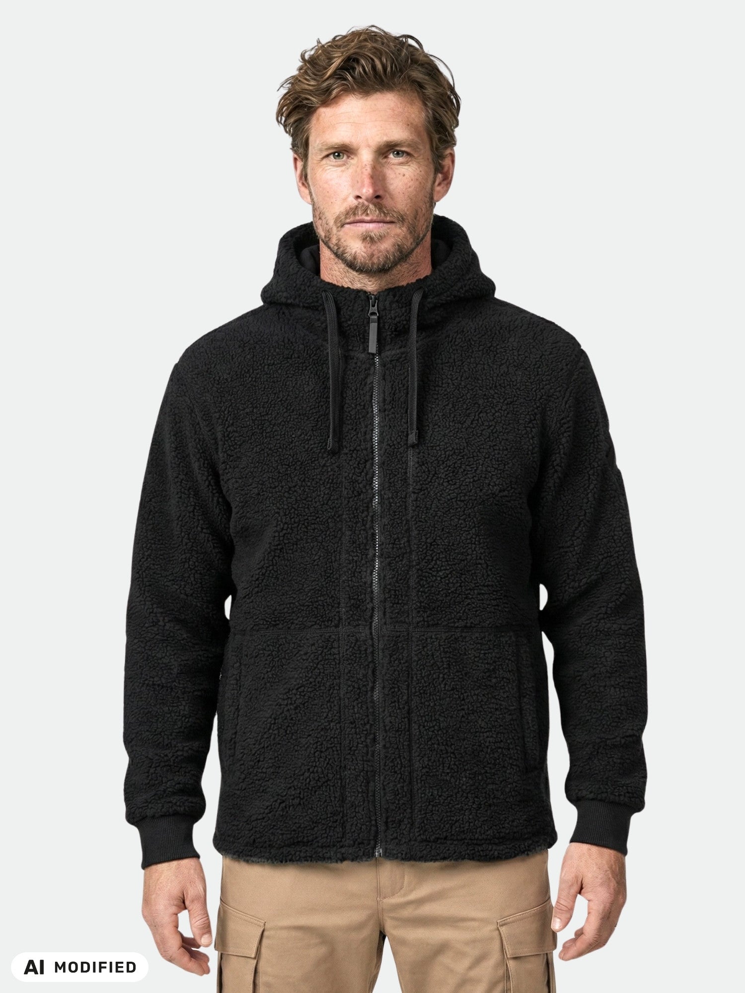 Ein Mann in einer „Halti Lykky Fleece Jacke Herren“ und einer hellbraunen Cargohose vor grauem Hintergrund.