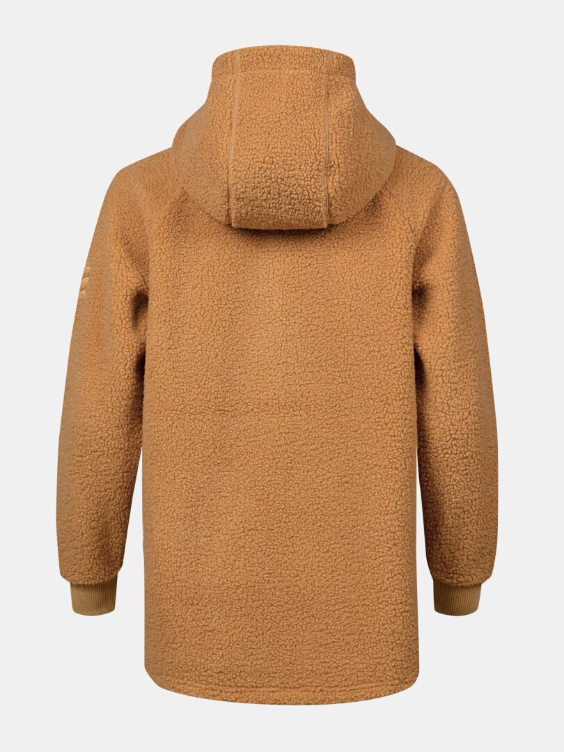 Der Halti Lykky Fleecepullover Damen in tan, aus recyceltem Polyester, ist von hinten auf weiß abgebildet.