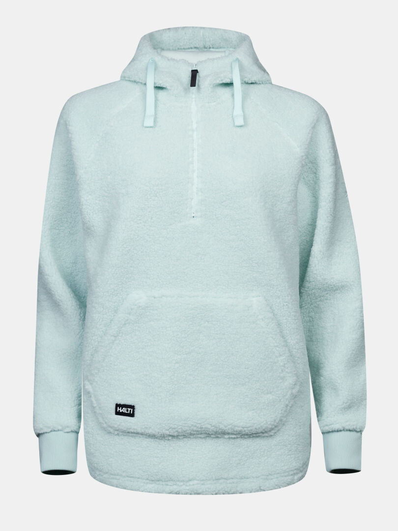 Lykky Fleecepullover für Damen von Halti: Hellblauer Teddyfleece-Hoodie mit halbem Reißverschluss, Kängurutasche und Bündchen.