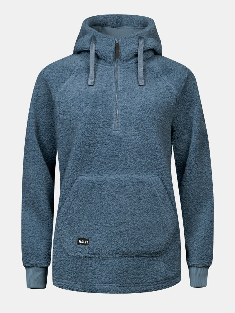 Halti Lykky Fleecepullover für Damen in Blau mit Reißverschluss vorne, Kapuze und Kängurutasche auf einfarbigem Hintergrund.