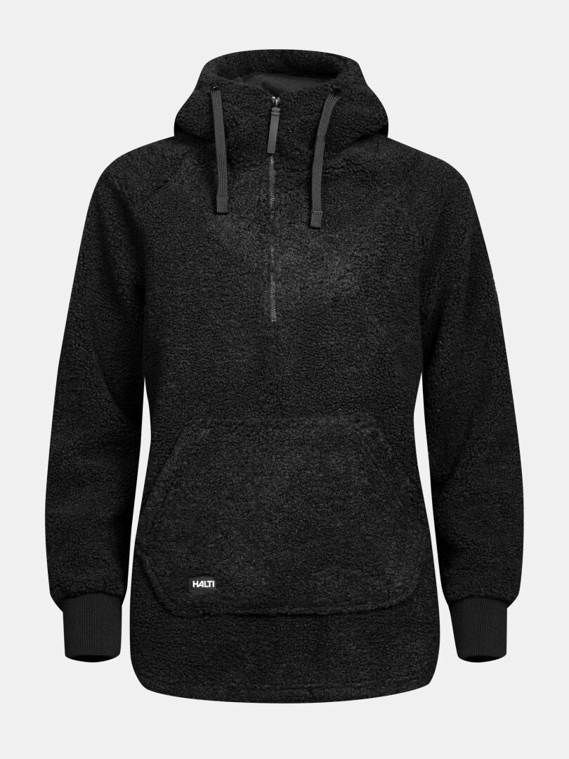 Halti Lykky Fleecepullover für Damen: schwarzes Teddyfleece, Reißverschluss vorne, Kängurutasche, gerippte Bündchen und Halti-Label.