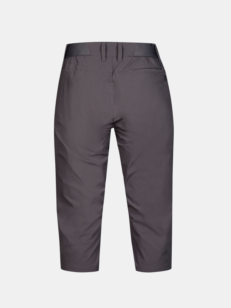 Rückansicht der Halti Drive X-stretch Caprihose Damen Plus in dunkelgrau, mit Gürtelschlaufen, geradem Bein und Stretchmaterial.