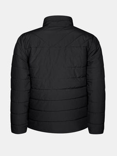 Die Halti Haapa Steppjacke Herren in schwarz mit Microtherm Arcty-Isolierung, dargestellt von hinten auf grauem Grund.