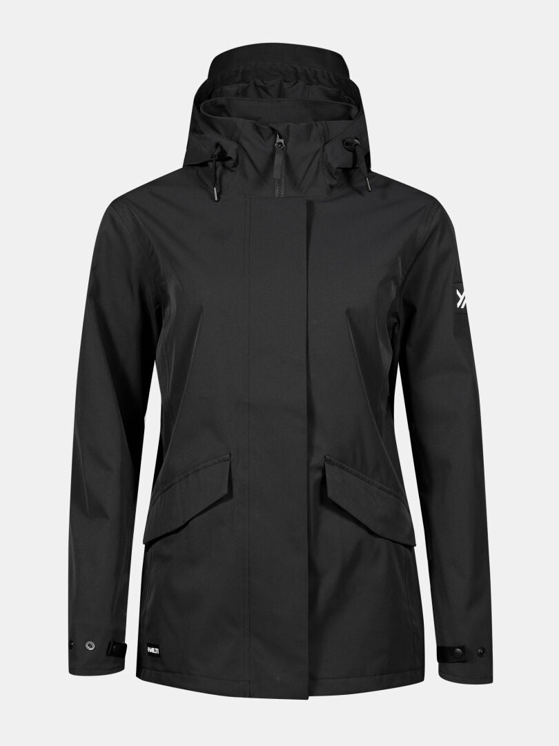 Eine schwarze Halti Tokoi DX Jacke Damen Regenjacke mit Frontreißverschluss, Pattentaschen und verstellbaren Ärmelbündchen auf einfarbigem Grund.