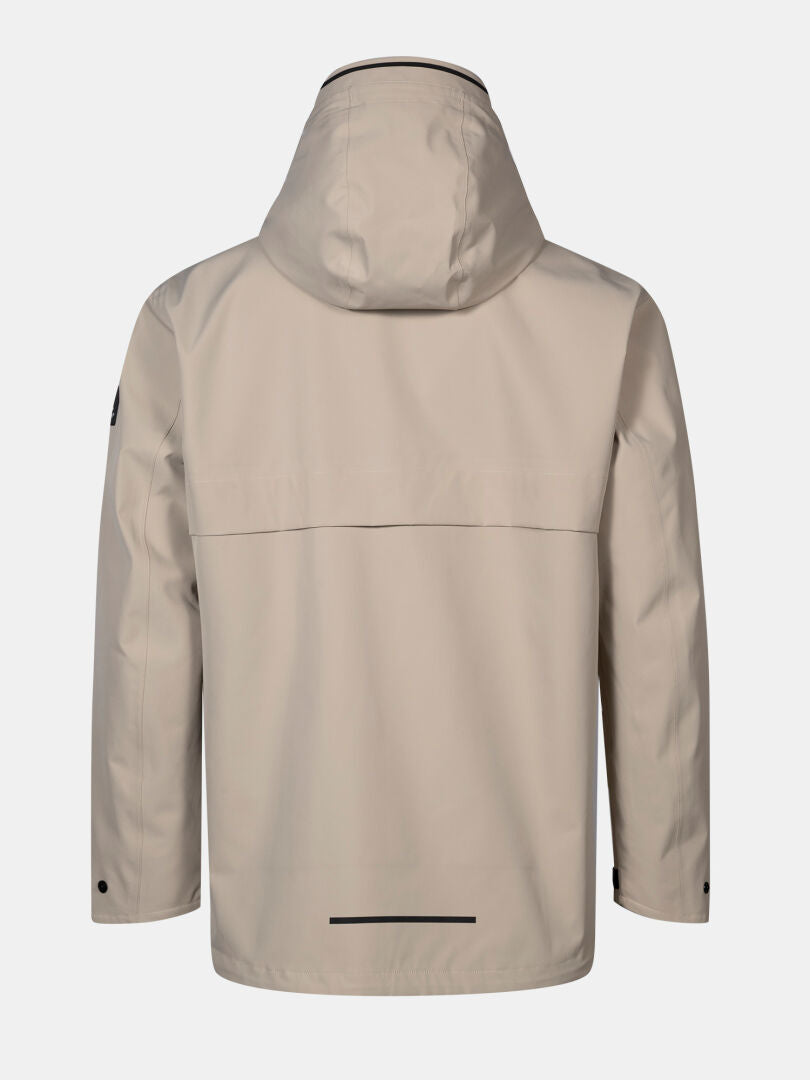 Die beige Halti Tokoi DX Jacke Herren mit Kapuze wird von hinten auf weißem Hintergrund gezeigt.