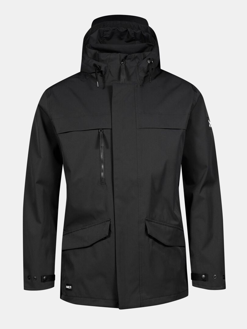 Die Halti Tokoi DX Jacke Herren in schwarz verfügt über einen Frontreißverschluss, eine Brusttasche und zwei Pattentaschen für Wetterschutz.