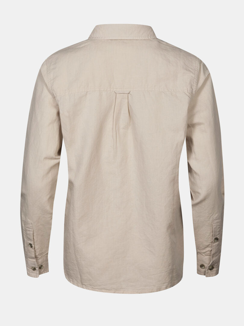 Halti Notsgi Langarm Hemd Damen: Beige, Hanf-Bio-Baumwolle, Rückpasse und Falte, lässig geschnitten.