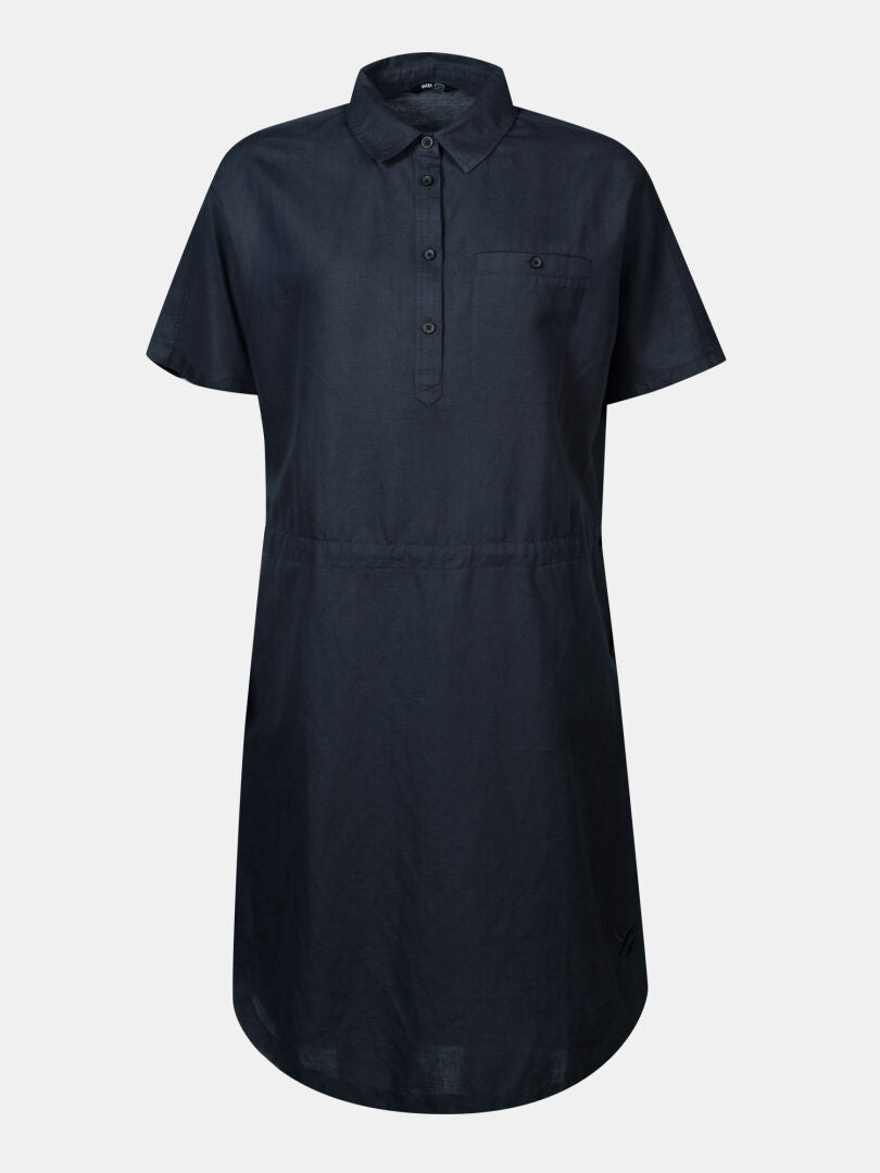Halti Notsgi Kleid Damen: kurzärmeliges, dunkelnavyfarbenes Kleid aus Hanf-Baumwolle mit Knöpfen vorne und Brusttasche.