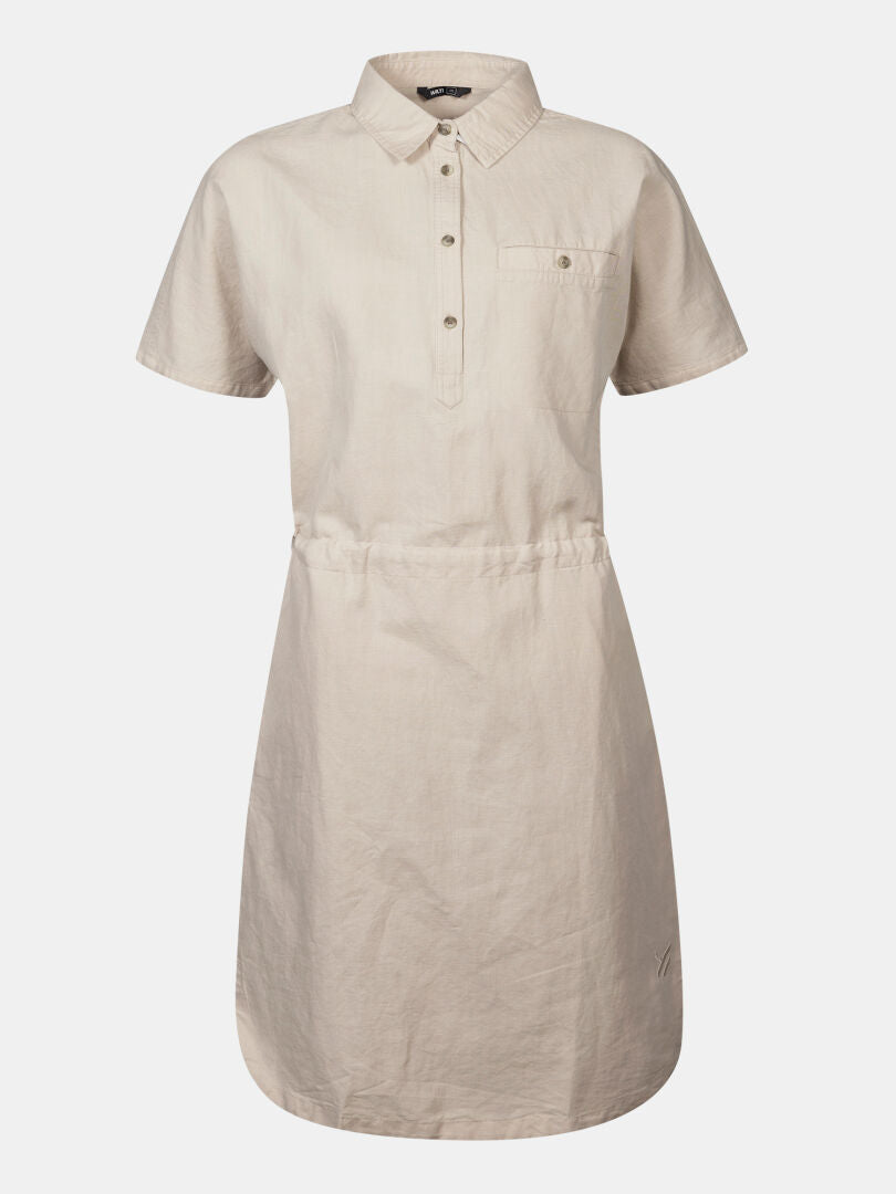 Halti Notsgi Kleid Damen: Beige, Hanf & Bio-Baumwolle, kurze Ärmel, Knopfleiste, geraffte Taille.