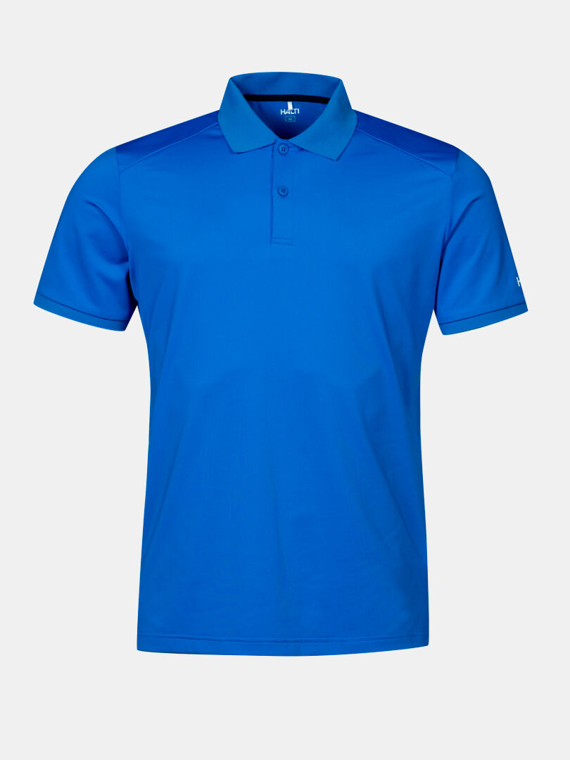 Das Halti Aridi Technisches Poloshirt Herren ist ein blaues, kragenloses 3-Knopf-Hemd aus atmungsaktivem Tech Jersey.