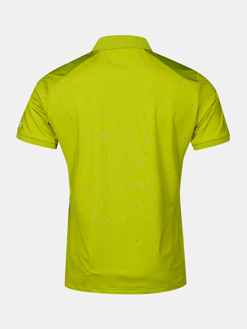 Rückenansicht des lindgrünen Halti Aridi Technisches Poloshirt Herren aus atmungsaktivem Tech-Jersey mit dezenten Punkten.