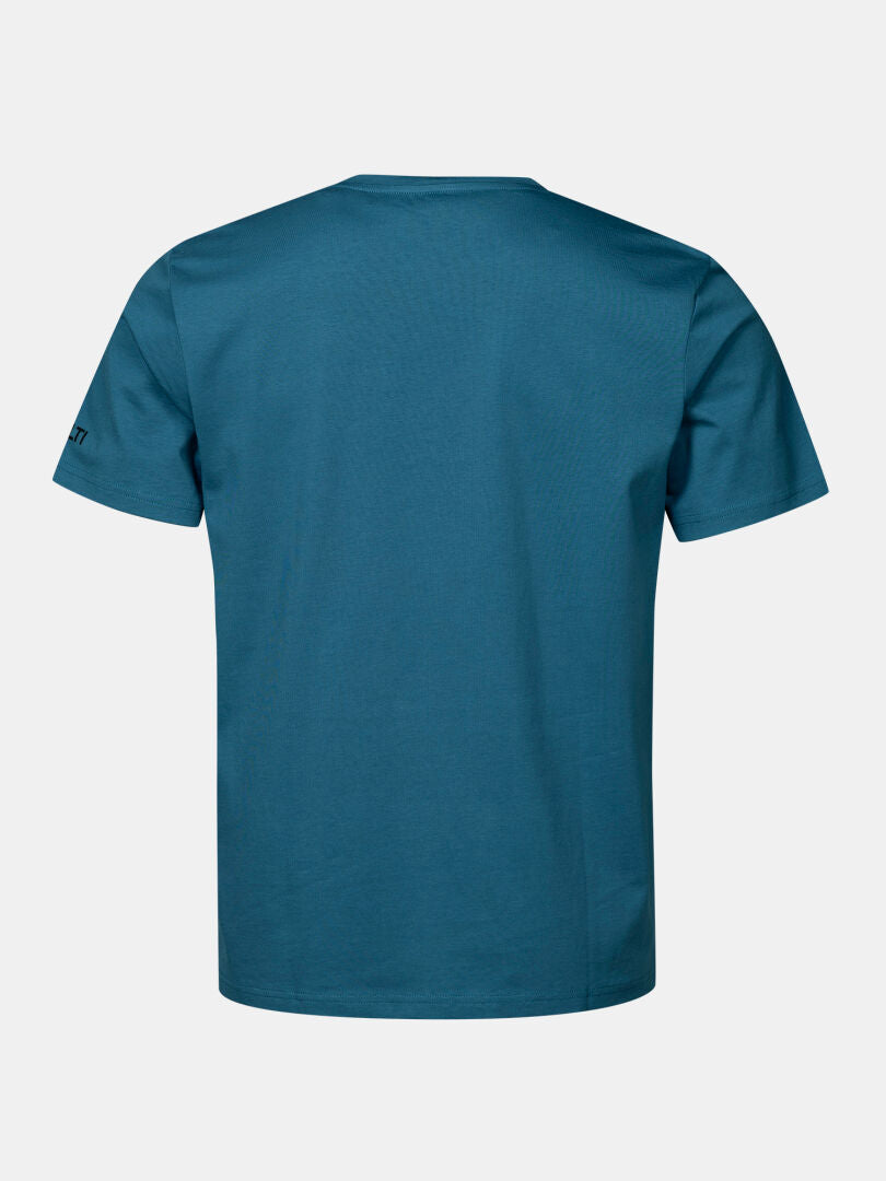 Rückenansicht des Halti Matka II T-Shirt Herren in blau, UPF 30+, mit kleinem Logo auf dem linken Ärmel.